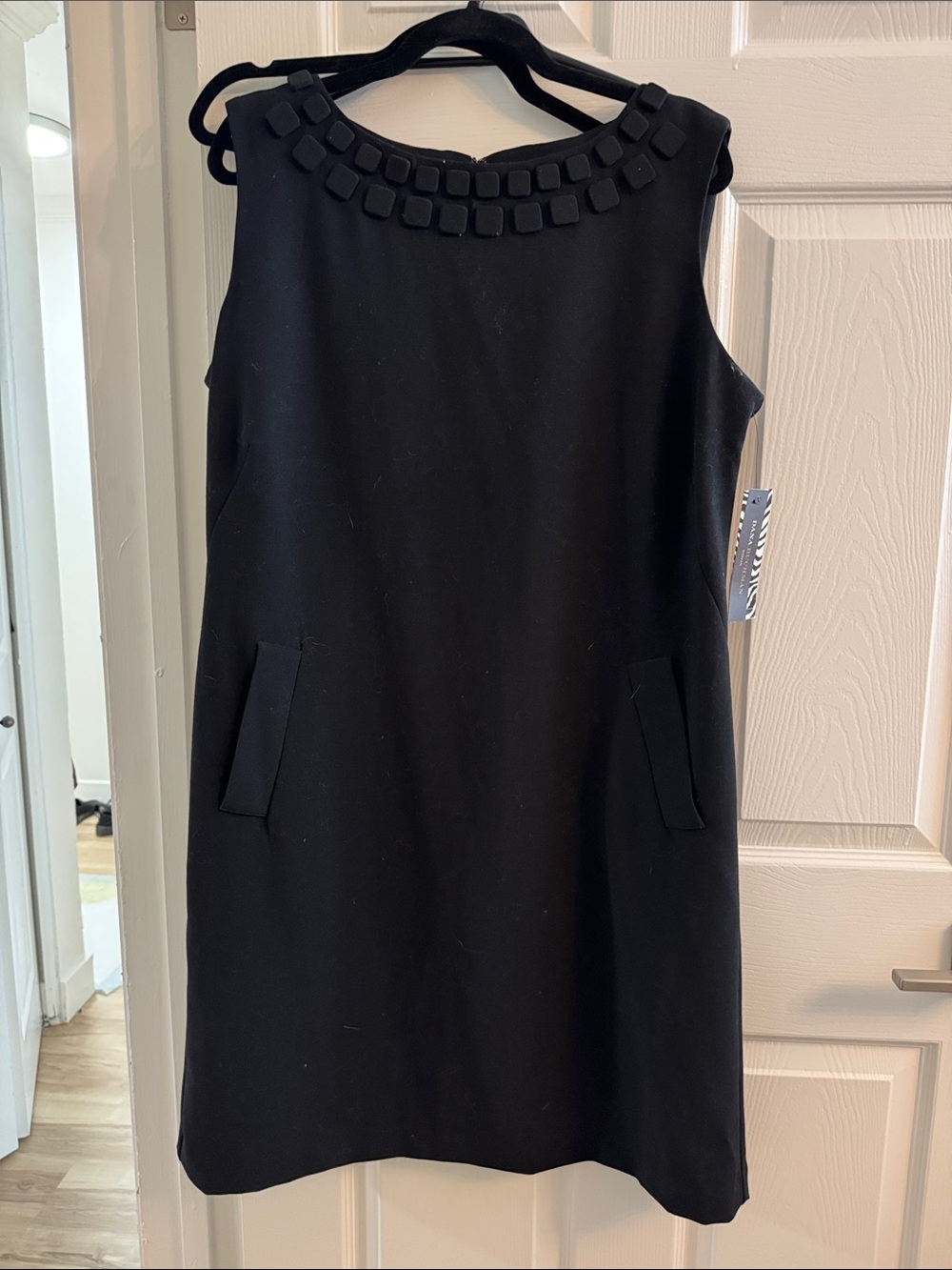 Dana Buchman Black Sleeveless Shift Dress with Square Bead Neckline